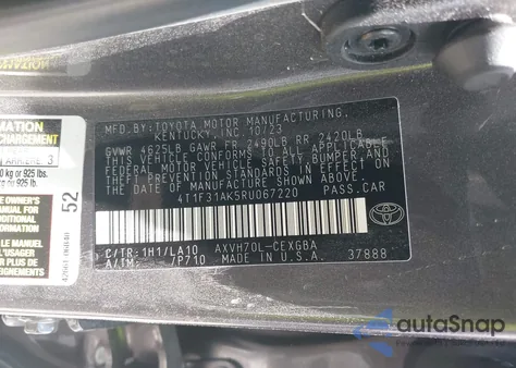 2024 Toyota Camry Hybrid Xle from USA, damaged, VIN 4T1F31AK5RU067220